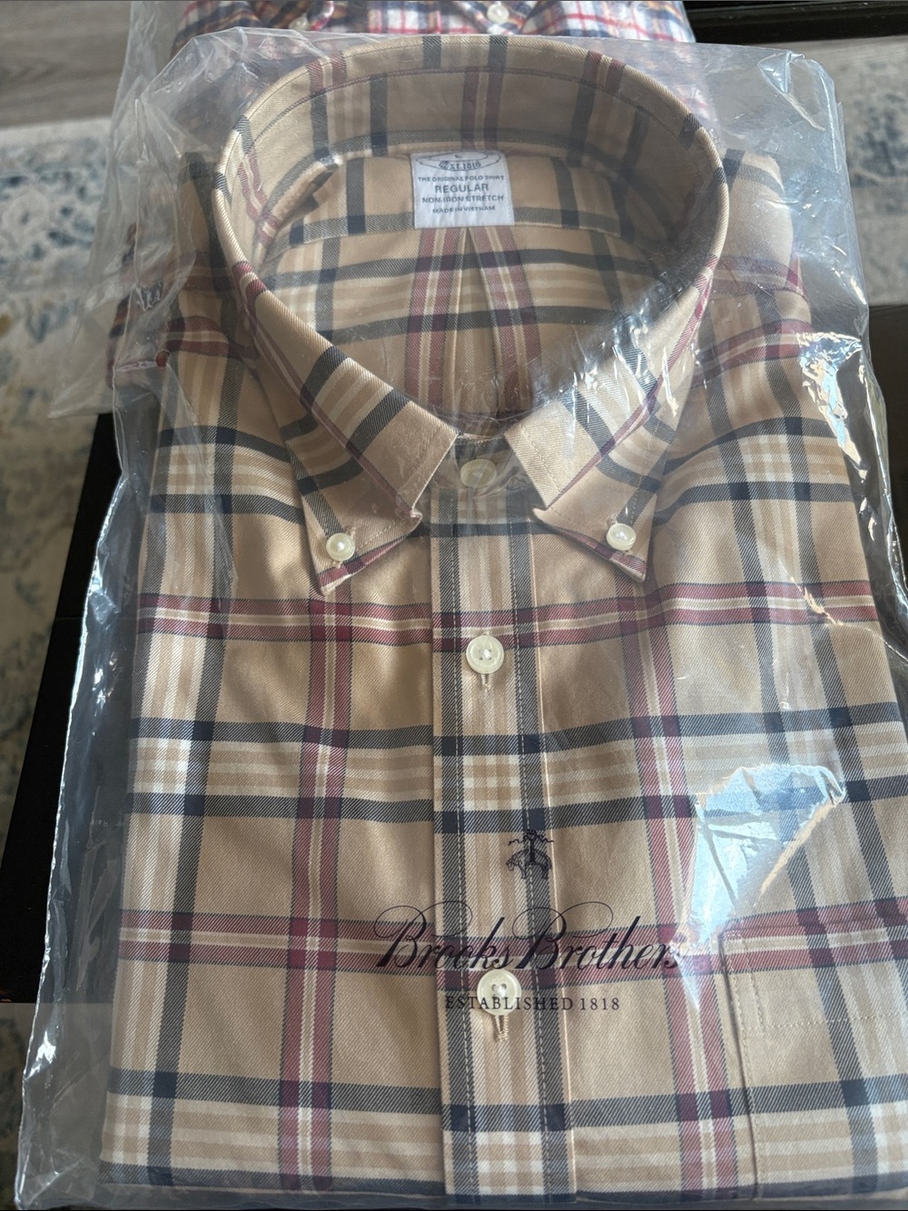 Brooks Brothers Tan Plaid Button-Down Shirt with Navy and Burgundy Stripes
